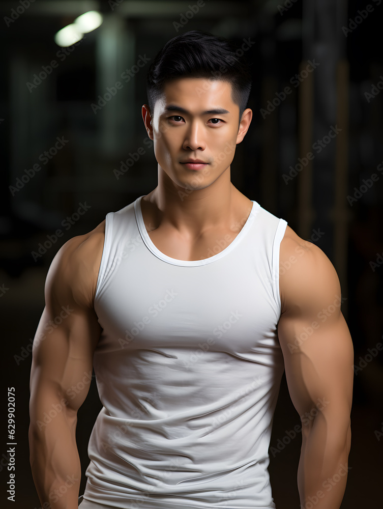 Muscular Asian Man posing in a white tank top Muscular Asian Man posing in a white tank top