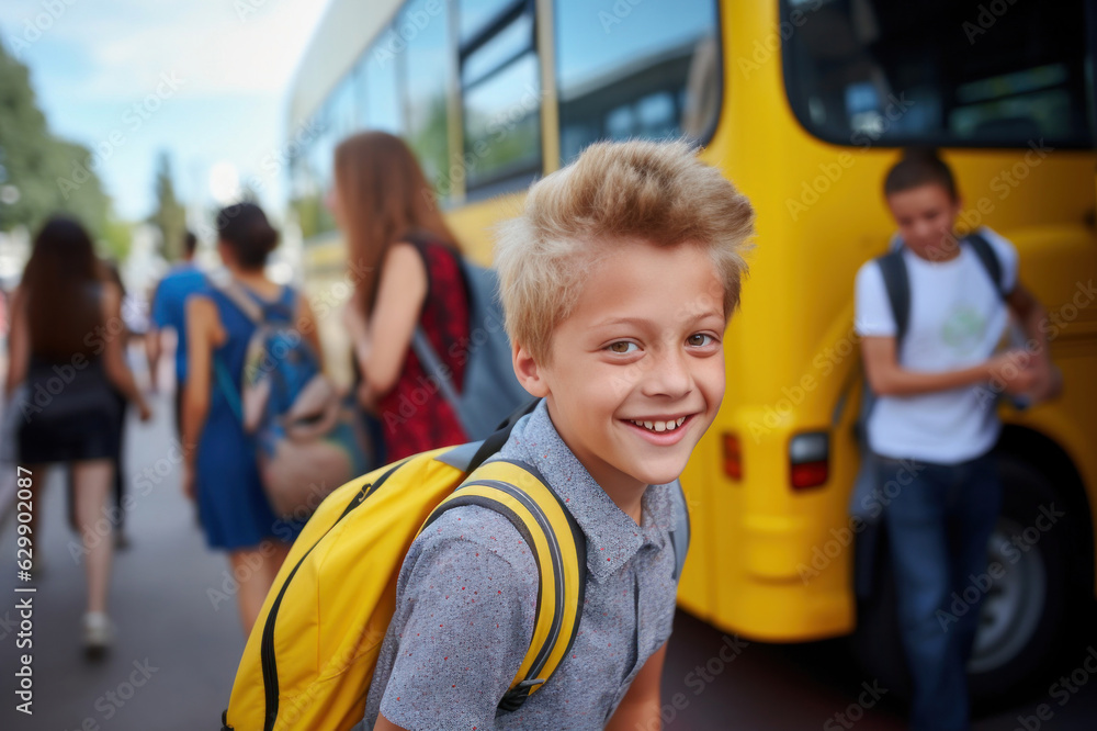 An elementary school boy stands next to a yellow school bus. The joy of going back to school. Fictional person. Ai generated