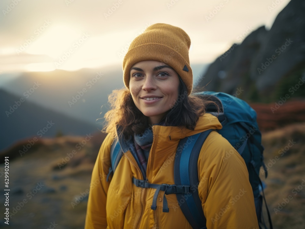 Young woman hiking in the mountains wearing a yellow toque / beanie, a yellow puffer jacket, and a backpack at dawn. Mountains are in the background and the sun is rising. 