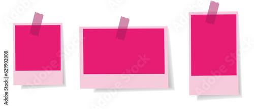 Set of Pink Blank retro photo mockup frame for Scrapbook. Design of vintage pink doll negative snapshot. Template of retro photo picture isolated on transparent background. Vector illustration.