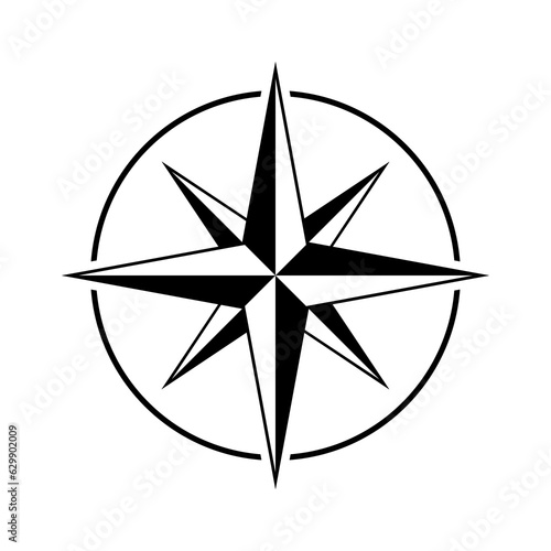 Rose of wind icon and compass vector in black and white color isolated on white background.