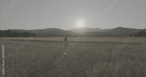 Chica andando por atardecer por el campo de trigo ( log footage )