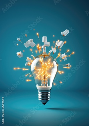 Light yellow bulb with a lot of ideas, brainstorming concept. Generative Ai.