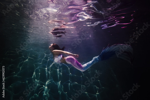 a real mermaid swims in the ocean in the water column with a long fish tail