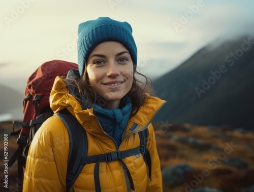 Young woman hiking in the mountains wearing a blue toque / beanie, a yellow puffer jacket, and a backpack at dawn. Mountains are in the background and the sun is rising.  © Paleta Images