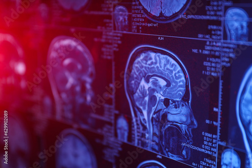 MRI or magnetic resonance imaging of the head and brain. Close up