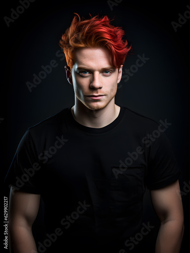Male model with ginger red hair wearing a black shirt