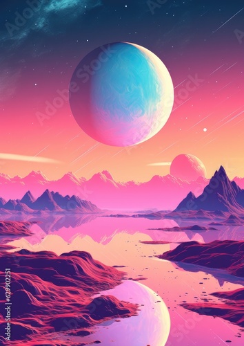 A planet in universe with other life , mountains and moon in pastel colors. Generative Ai. © annamaria