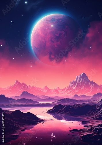 A planet in universe with other life   mountains and moon in pastel colors. Generative Ai.