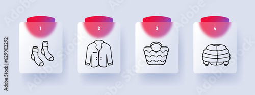 Clothes line icon. Socks, bag, jacket, outerwear, down jacket, suit. Glassmorphism style. Vector line icon for Business