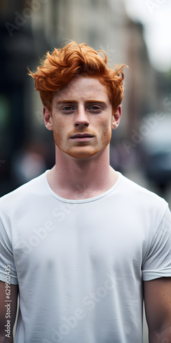 Man with red ginger hair wearing a white t-shirt (mockup)
