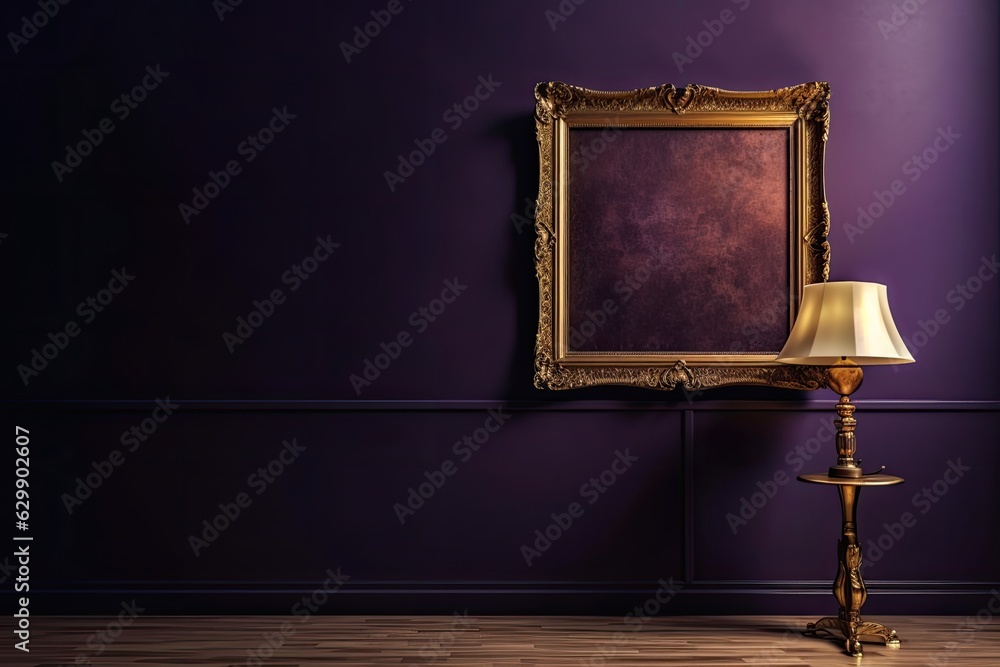 An antique art fair gallery frame on a royal purple wall at a museum exhibition or an auction house. A blank template with white copyspace for a prototype design. Generative AI - obrazy, fototapety, plakaty 