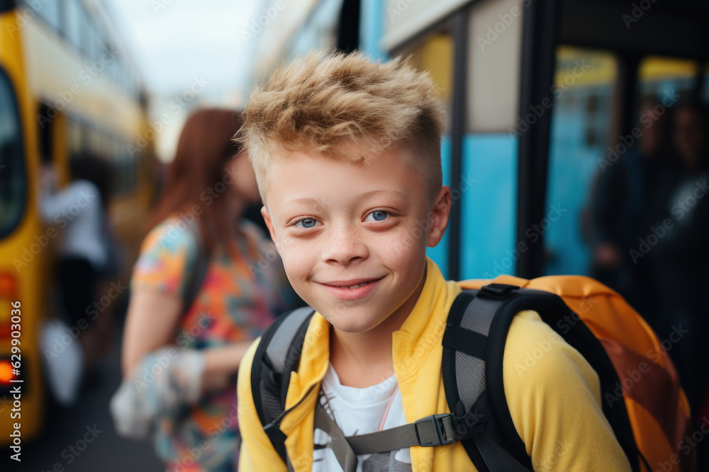Portrait of smiling happy multi-ethnic elementary school boy with backpack on his back in the background of a school bus. A warm day. The boy dressed in his favorite shirt. Fictional person. Generated Portrait of smiling happy multi-ethnic elementary school boy with backpack on his back in the background of a school bus. A warm day. The boy dressed in his favorite shirt. Fictional person. Generated