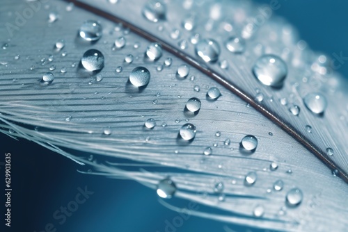 Water droplets on light blue feather. Ai generative.