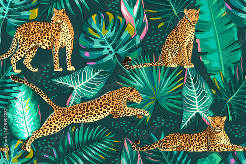 Seamless pattern with tropical leaves and animals. Leopards in different poses and palm, monstera, banana leaves. Exotic jungle in emerald colors. Cartoon. Vector.