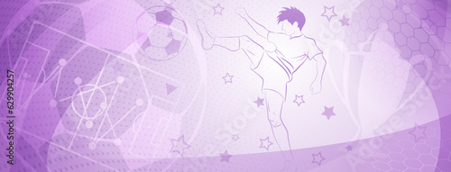 Abstract soccer background with a football player kicking the ball and other sport symbols in purple colors