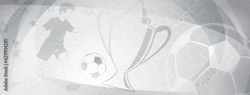 Abstract soccer background with a football player kicking the ball and other sport symbols in gray colors