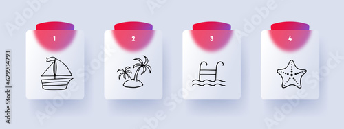 Vacation line icon. Sailboat, ship, beach, starfish, ladder, pool, water. Glassmorphism style. Vector line icon for Business