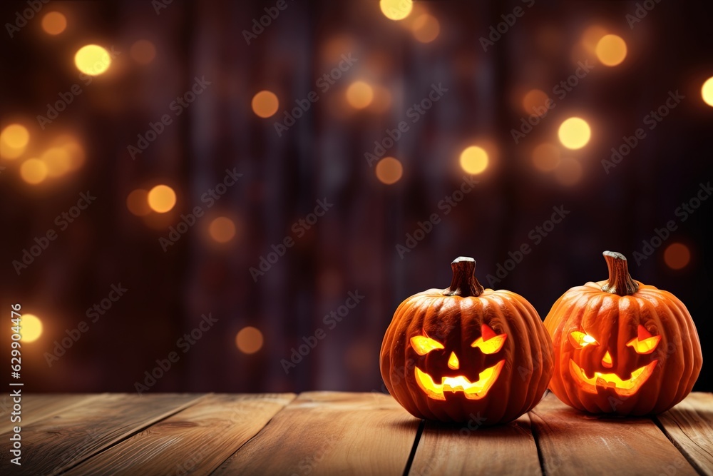 Halloween pumpkins on wooden table with bokeh lights background.Generative Ai Halloween pumpkins on wooden table with bokeh lights background.Generative Ai