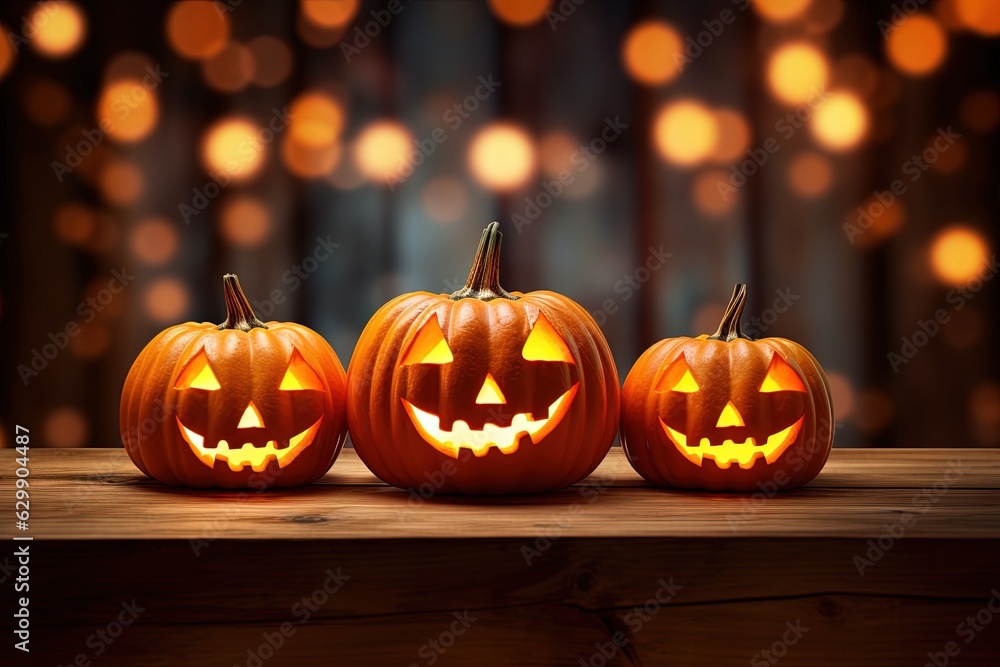 Fototapeta premium Halloween pumpkins on wooden table with bokeh lights background.Generative Ai