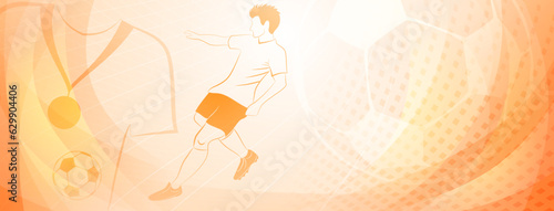 Abstract soccer background with a football player kicking the ball and other sport symbols in yellow colors