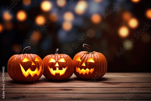 Halloween pumpkins on wooden table with bokeh lights background.Generative Ai © Rudsaphon