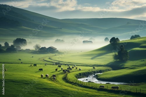 Serene Countryside Dotted with Sheep and Grazing Fields, Generative AI
