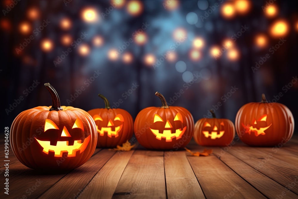 Fototapeta premium Halloween pumpkins on wooden table with bokeh lights background.Generative Ai