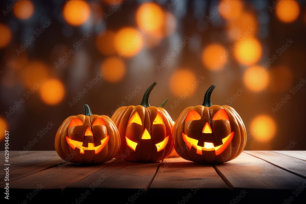 Halloween pumpkins on wooden table with bokeh lights background.Generative Ai Halloween pumpkins on wooden table with bokeh lights background.Generative Ai