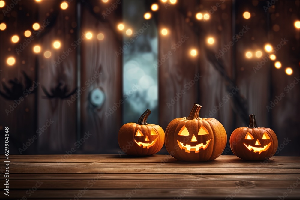 Obraz premium Halloween pumpkins on wooden table with bokeh lights background.Generative Ai