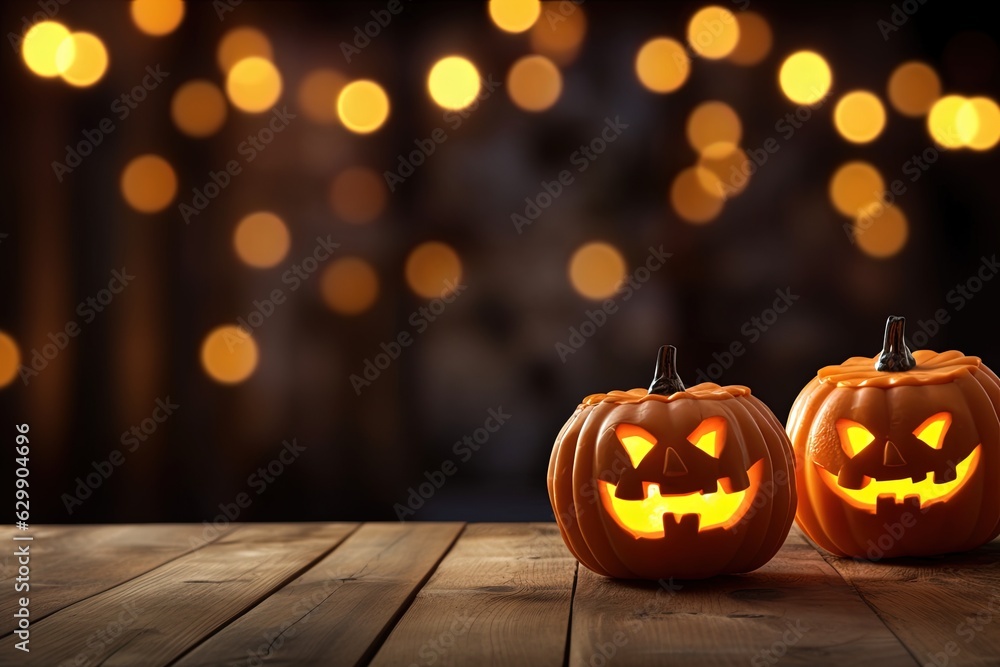 Halloween pumpkins on wooden table with bokeh lights background.Generative Ai Halloween pumpkins on wooden table with bokeh lights background.Generative Ai
