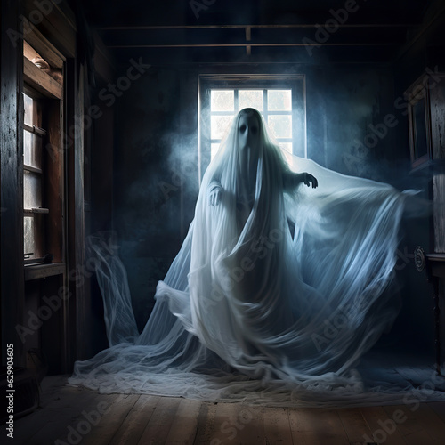 Ethereal translucent ghost in a haunted house