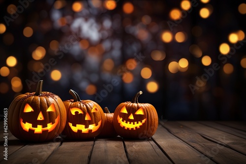 Halloween pumpkins on wooden table with bokeh lights background.Generative Ai © Rudsaphon