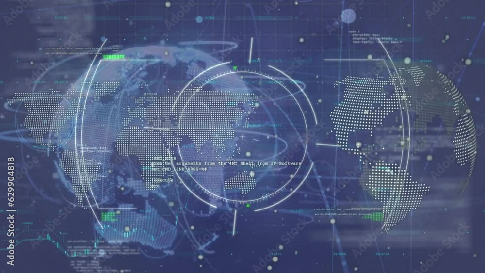 Animation of circles over computer language over globes on abstract background Animation of circles over computer language over globes on abstract background