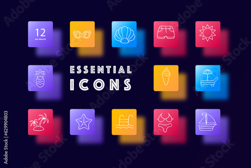 Vacation line icon. Sailboat, ship, beach, starfish, ladder, pool, water. Glassmorphism style. Vector line icon for Business