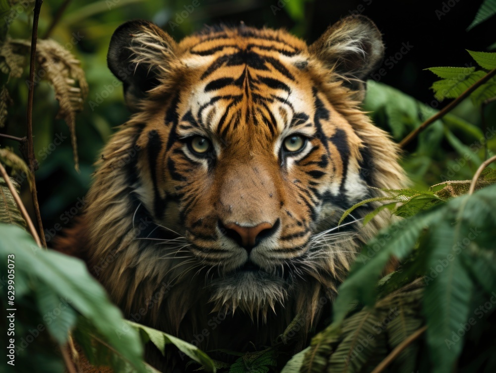 Fototapeta premium Wildlife tiger striped photography. Open eye black orange fur. Dangerous cat animal tropical jungle forest hunter close up photo