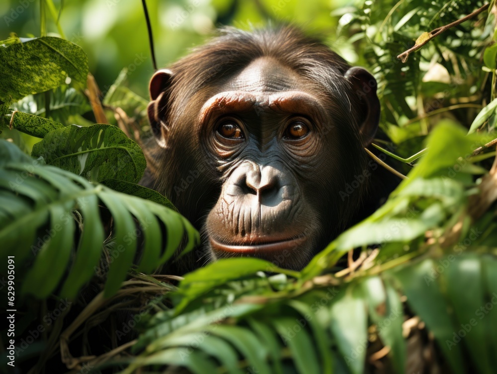 Close-up of a Chimpanzee looking at the camera with green background Close-up of a Chimpanzee looking at the camera with green background