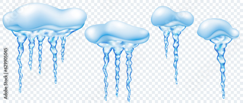 Set of snowdrifts with translucent blue realistic icicles of different lengths, isolated on transparent background. Transparency only in vector format