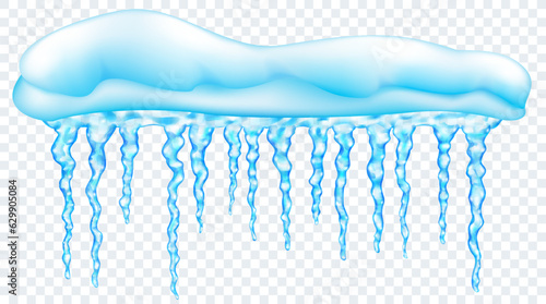Big snowdrift with translucent light blue realistic icicles of different lengths, isolated on transparent background. Transparency only in vector format