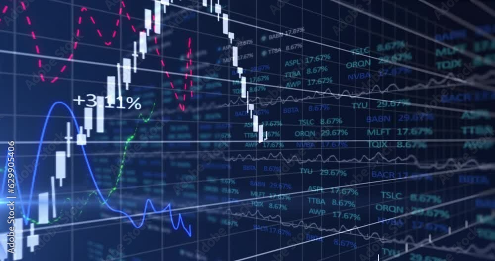 Animation of multiple graphs with changing numbers over lens flares and trading board Animation of multiple graphs with changing numbers over lens flares and trading board