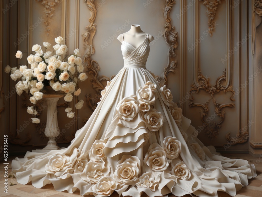 Chic expensive wedding dress is worn on a mannequin. The bride is ready to wear it Chic expensive wedding dress is worn on a mannequin. The bride is ready to wear it