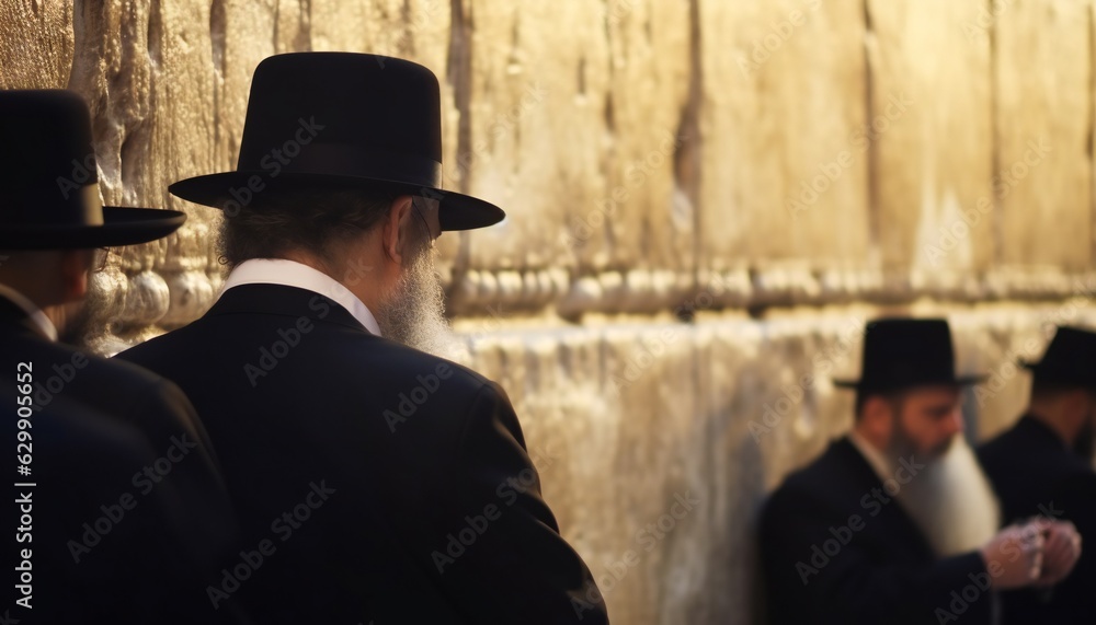 Obraz premium Orthodox Jewish men pray at the Western Wailing Wall in Jerusalem