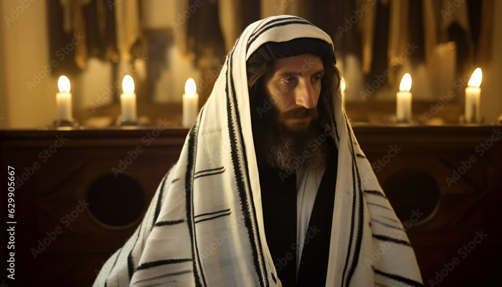 Orthodox ultra Orthodox Jew from a tallit in the synagogue - obrazy, fototapety, plakaty 