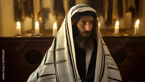 Orthodox ultra Orthodox Jew from a tallit in the synagogue photo