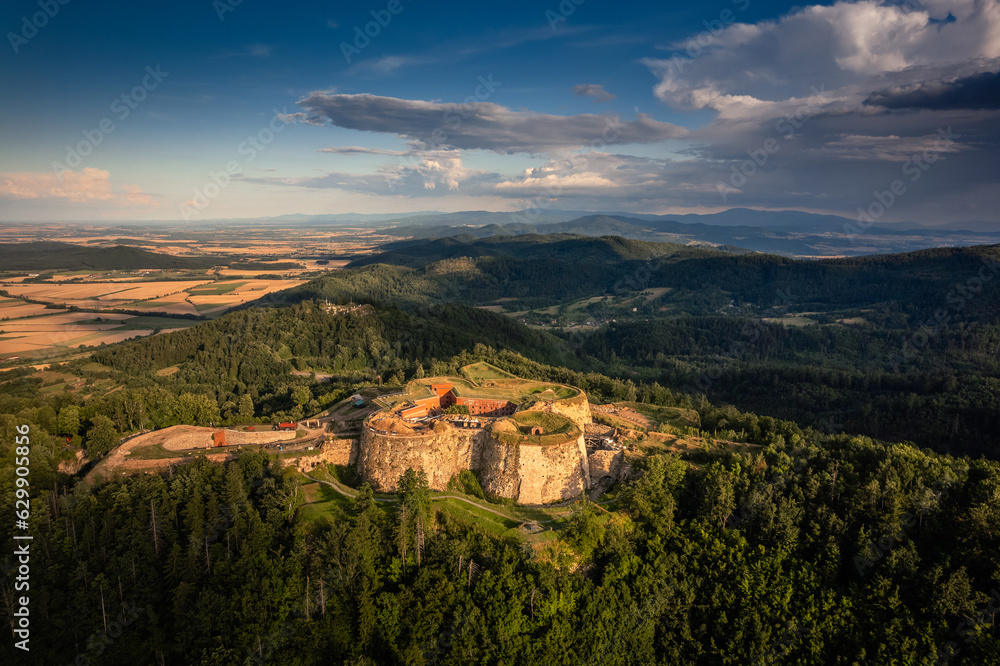 Aerial view of the Srebrna Góra fortress captured on a summer afternoon. Landscapes and attractions of Lower Silesia.