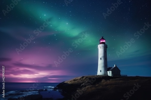 Night sky with aurora borealis and lighthouse. Ai generative.