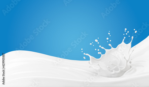 Pouring milk cream with splash on blue background, 3d illustration. photo