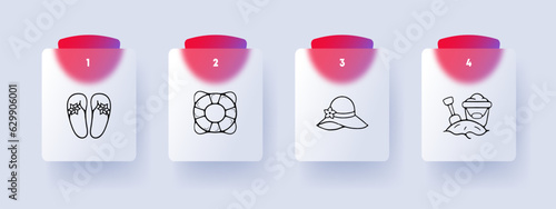 Vacation line icon. Slippers, life buoy, sand, hat, summer, sand castle. Glassmorphism style. Vector line icon for Business
