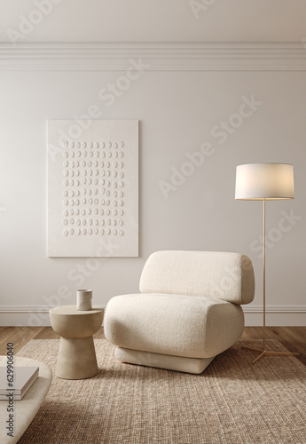 Contemporary classic white beige interior with furniture and decor - carpet background. Large modern japanese lamp and nature view. 3d rendering illustration mockup. High quality 3d illustration