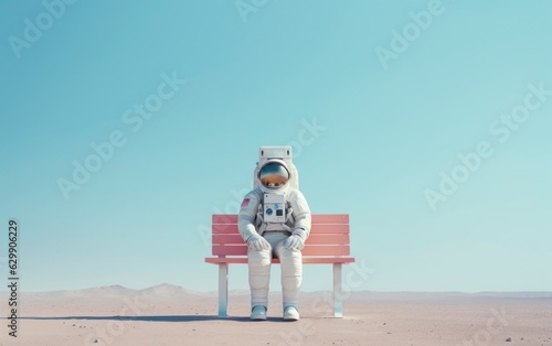 Astronaut sitting on a bus stop bench. Back to school conceptual background. AI generated image